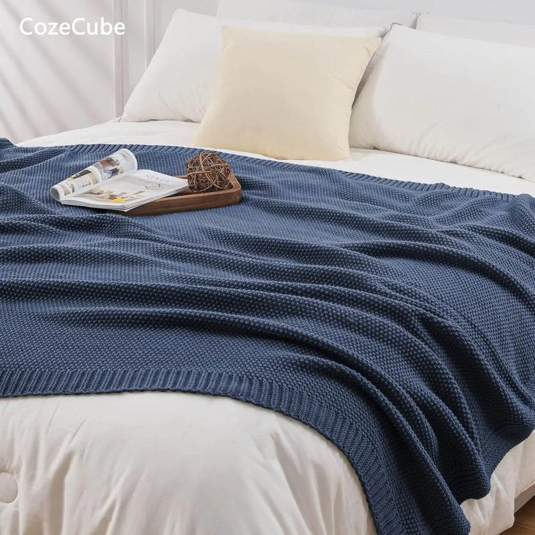 Blue Cable Knit Throw Blanket – Soft, Cozy & Lightweight Decorative Blanket for Couch & Bed