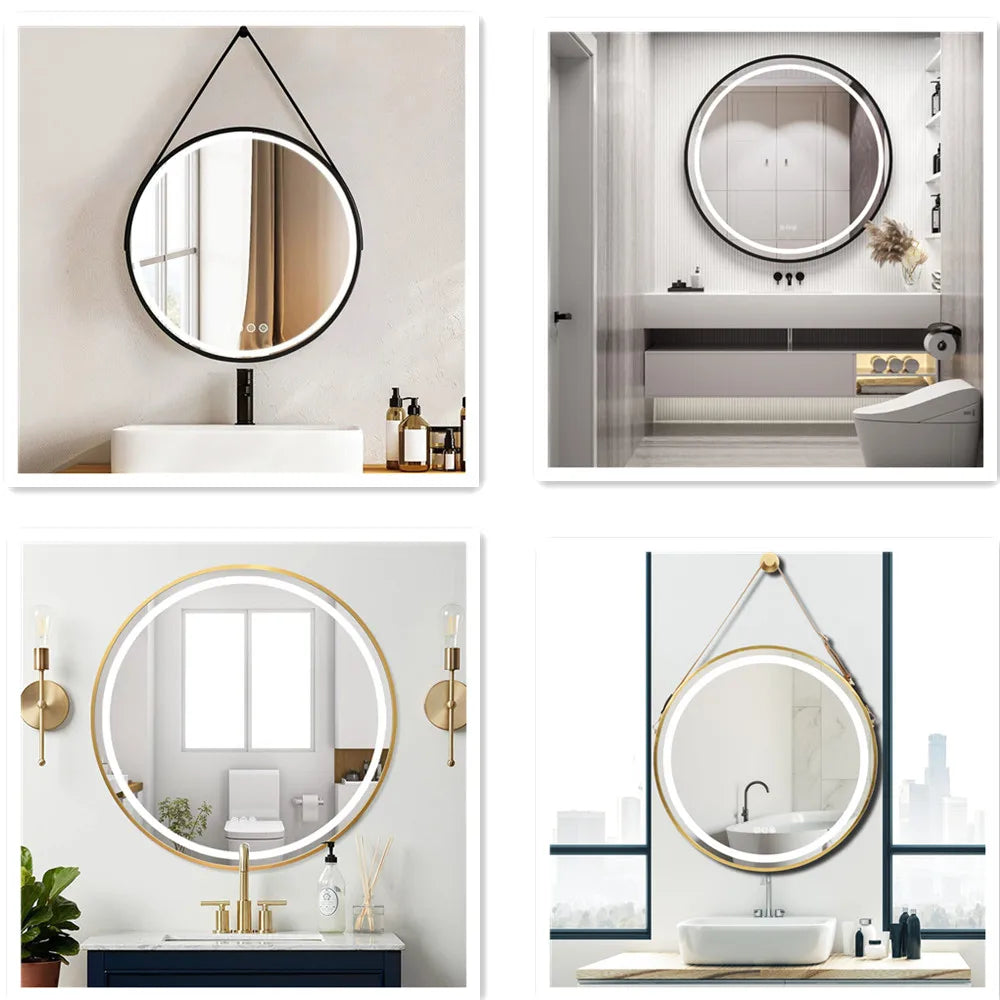 LUVODI Round Dimmable LED Bathroom Mirror – 32” Black & Gold Frame, Fogless, Illuminated Vanity Mirror with Detachable Rope