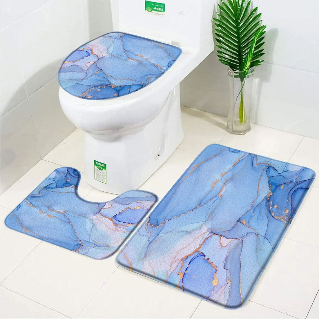 3pcs Set Black Marble Bath Mat – Non-Slip Absorbent Bathroom Rugs with Toilet Lid Cover