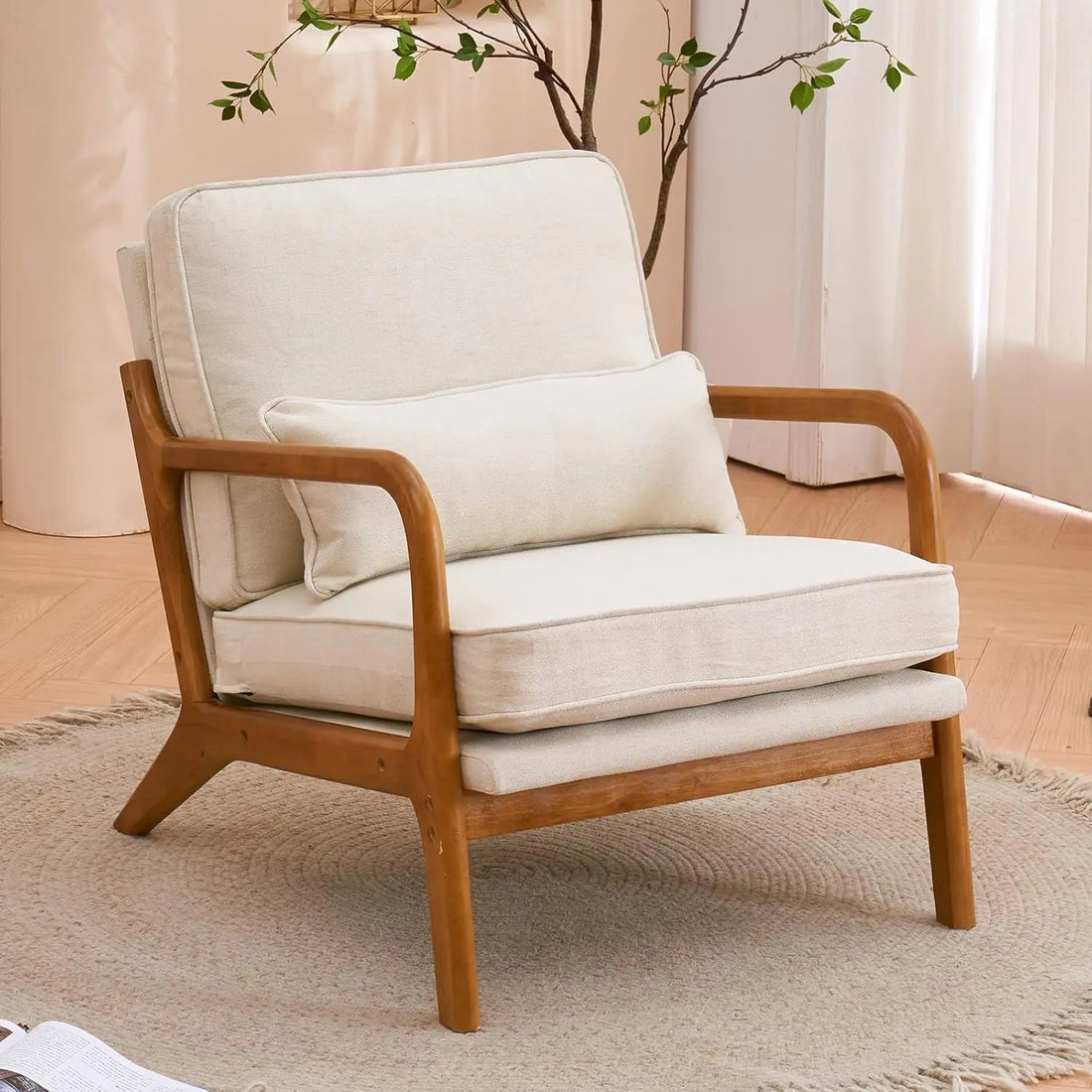 Beige Accent Chairs Set of 2 – Upholstered Mid-Century Modern Lounge Chairs with Solid Wood Frame