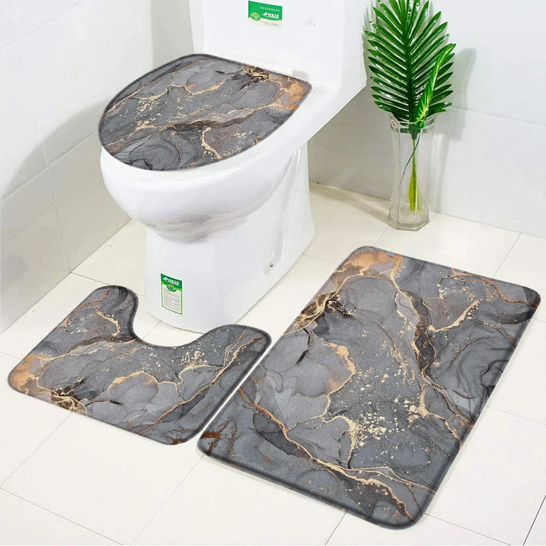 3pcs Set Black Marble Bath Mat – Non-Slip Absorbent Bathroom Rugs with Toilet Lid Cover