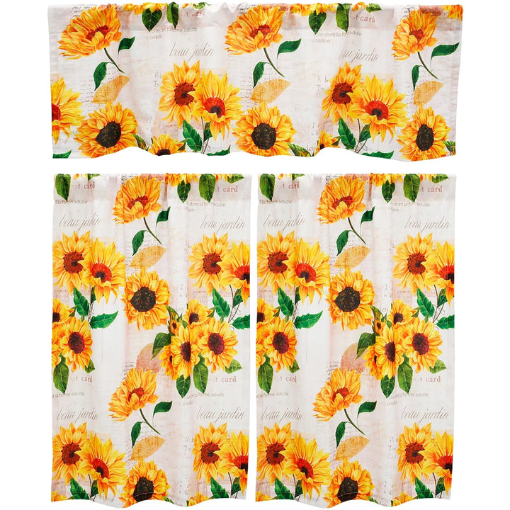 3Pcs Sunflower Valance and Tier Curtains – Light Filtering Kitchen Curtain Set with Wide Rod Pocket