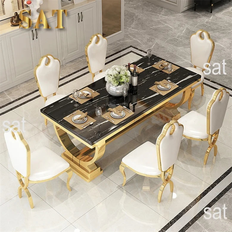 Modern Luxury Large Marble Top Dining Table Set – 6 & 8 Seater with Leather Chairs