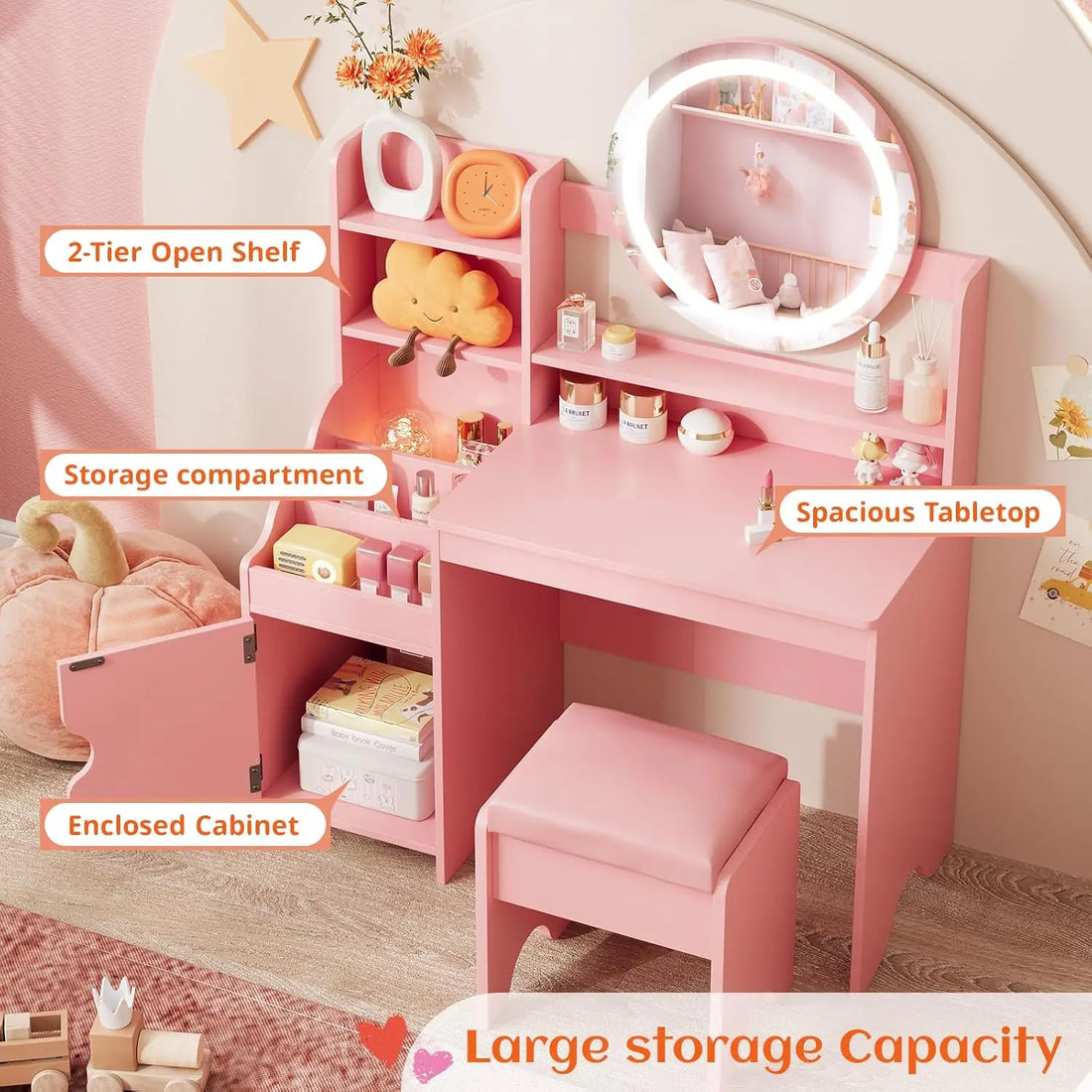 Vabches Kids Vanity Desk with Lights – Pink Makeup Vanity Table with Mirror, Storage Cabinet, Shelves & Chair for Girls