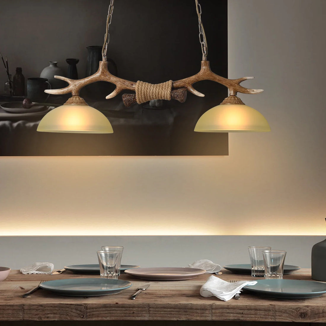 Vintage Double Antler Light Chandelier – Rustic Pendant Lighting for Restaurants and Bedrooms