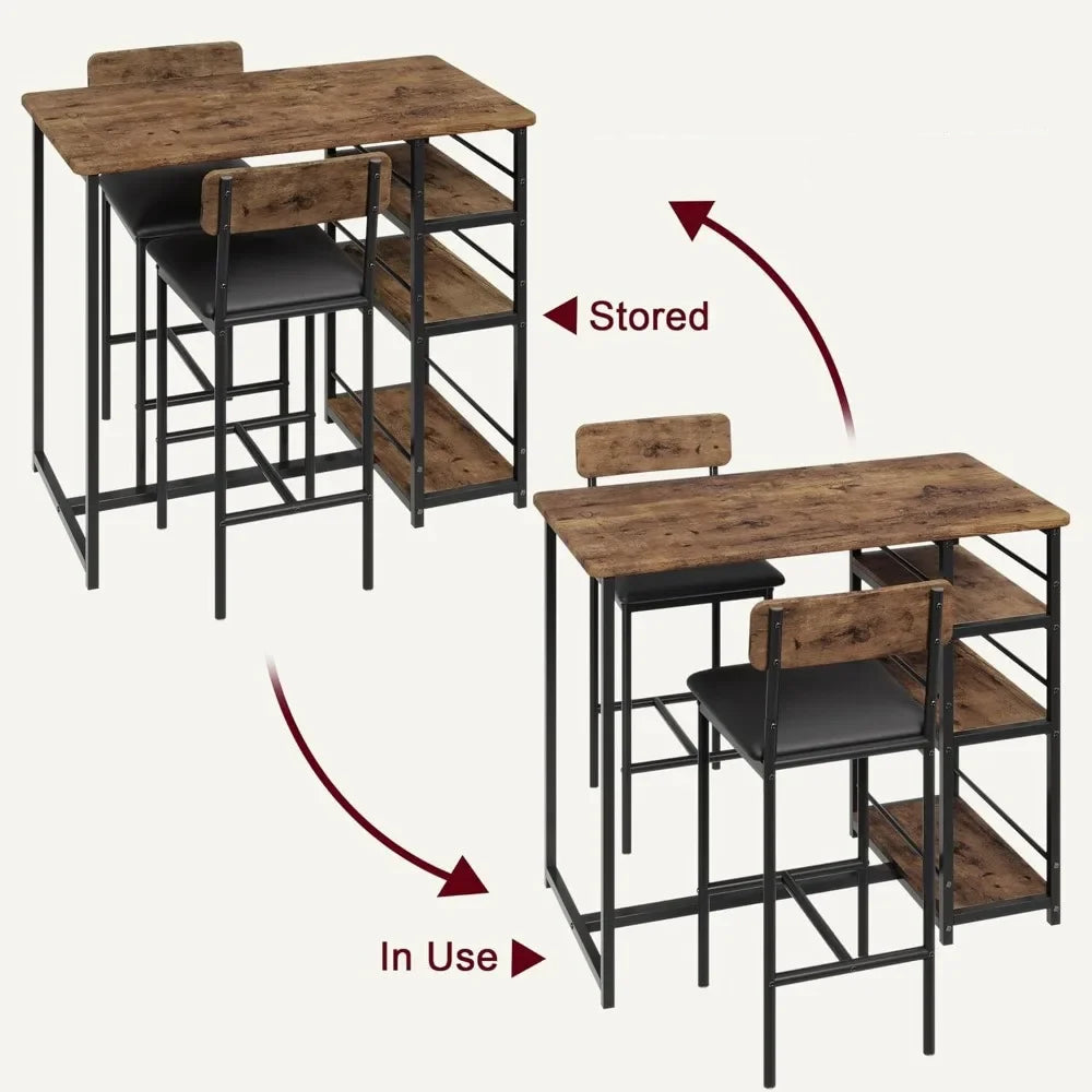 Dining Table Set for 2 – Counter Height Table with Upholstered Chairs and Storage Shelves