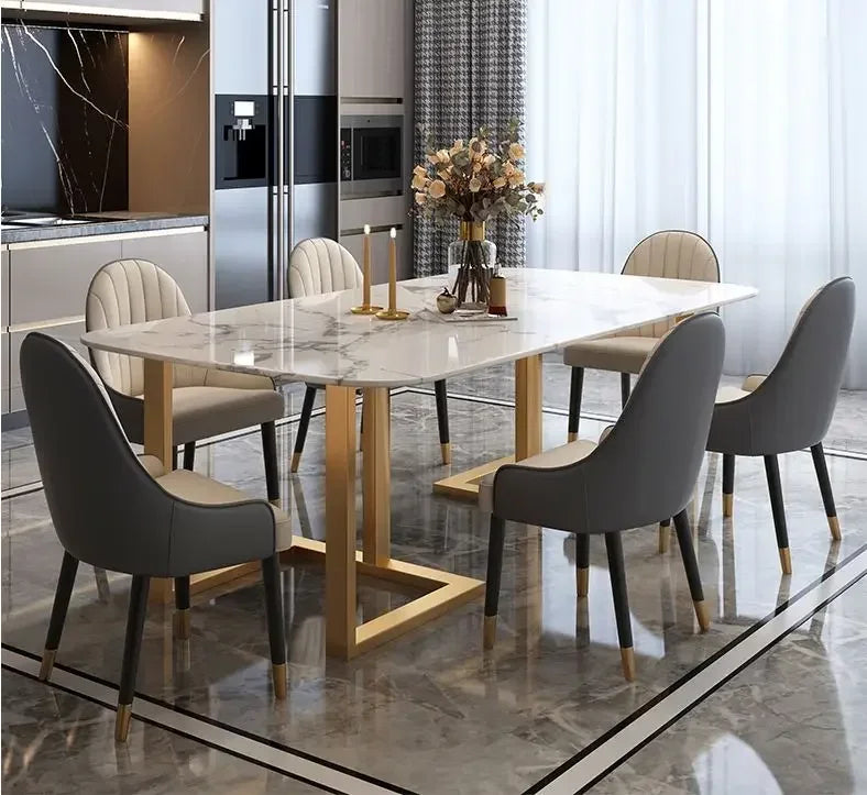 Modern Luxury Marble Dining Table Set – 8-Seater with Gold Legs & 6 Chairs