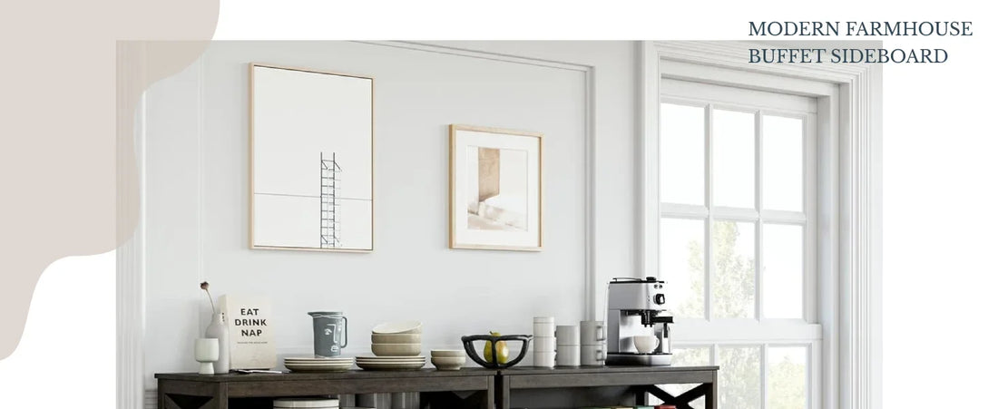 Modern farmhouse sideboard with cabinets, drawers, and open shelves.