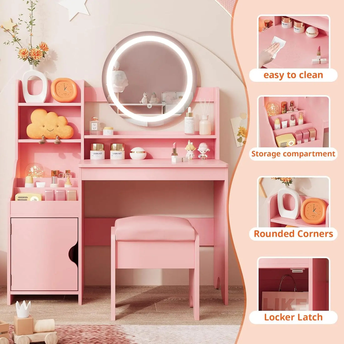 Vabches Kids Vanity Desk with Lights – Pink Makeup Vanity Table with Mirror, Storage Cabinet, Shelves & Chair for Girls