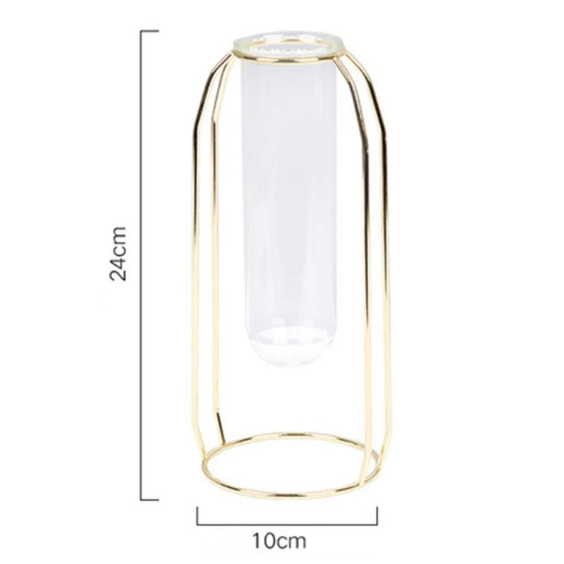 Hydroponic Plant Vase – Transparent Glass Test Tube Vase with Iron Metal Frame for Home & Office Décor