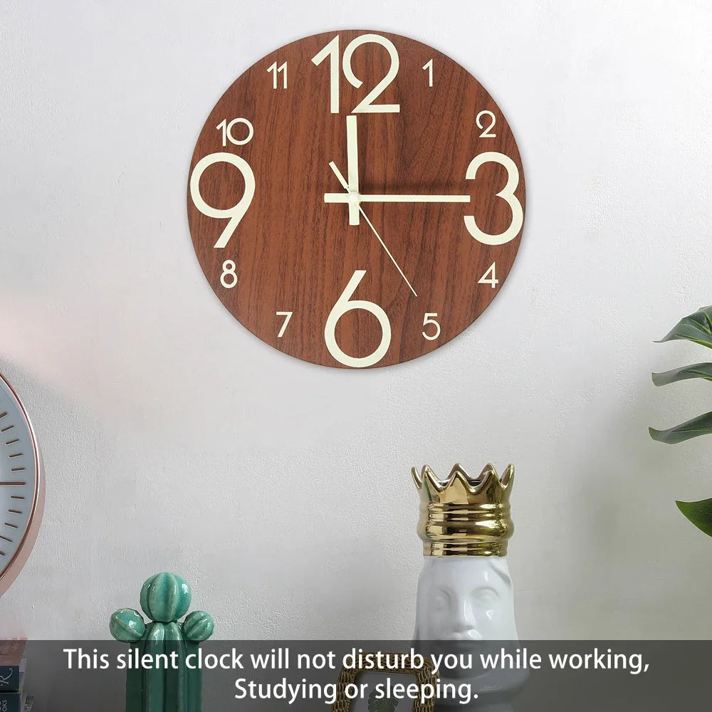 New Wooden Wall Clock with Luminous Numbers – Quiet Modern Decorative Clock for Living Room