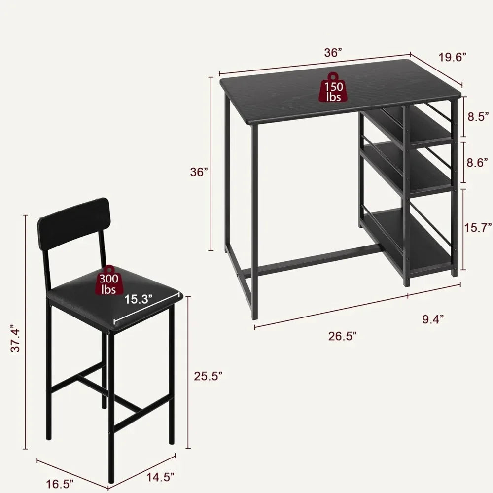 Dining Table Set for 2 – Counter Height Table with Upholstered Chairs and Storage Shelves