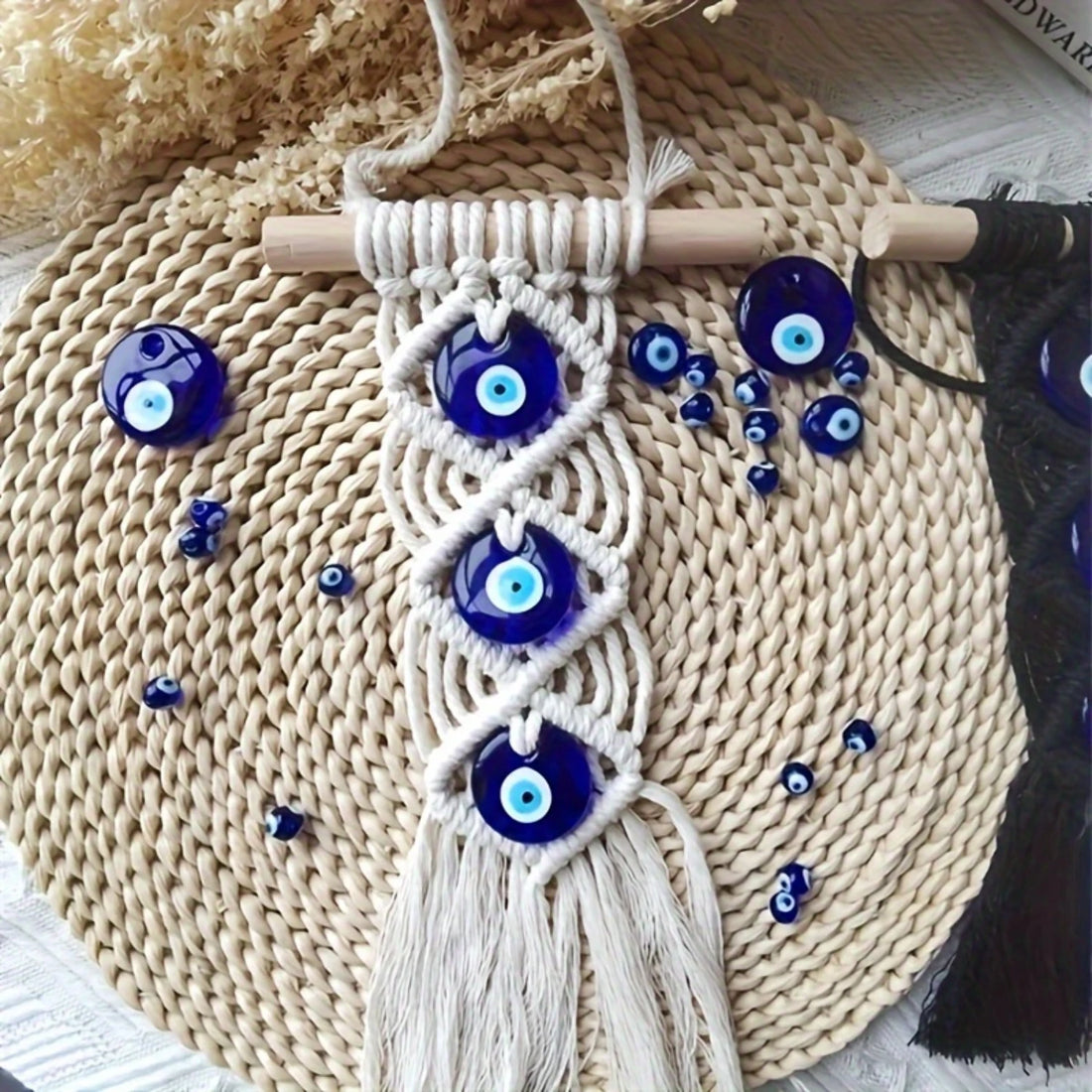 Bohemian Blue Evil Eye Handmade Cotton Tapestry - Turkish Glass Beaded Wall Hanging