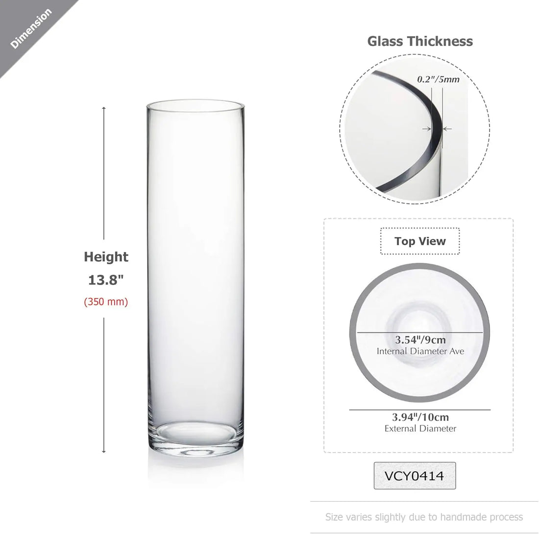 Quality Thick Weighted Tall Clear Glass Cylinder Vase – 4" W x 14" H for Flower Arrangements & Wedding Centerpieces