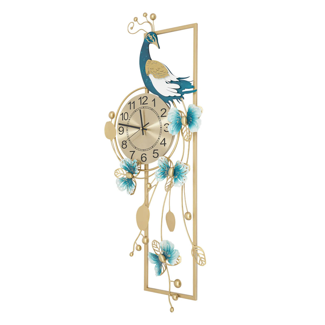 Large Peacock Wall Clock – Gold and Blue Decorative Silent Quartz Wall Clock for Living Room