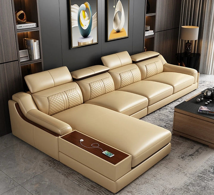 Stylish Italian Genuine Leather Sofa with Cup Holder, USB & Bluetooth Speaker