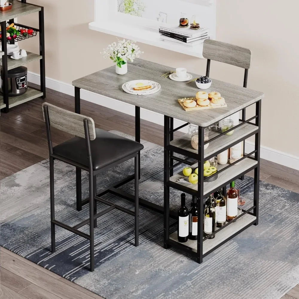 Dining Table Set for 2 – Counter Height Table with Upholstered Chairs and Storage Shelves