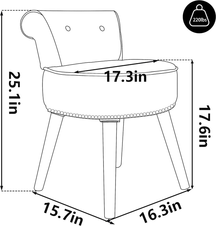 Makeup Vanity Stool Chair with Low Back - Round Velvet Padded Chair with Wood Legs