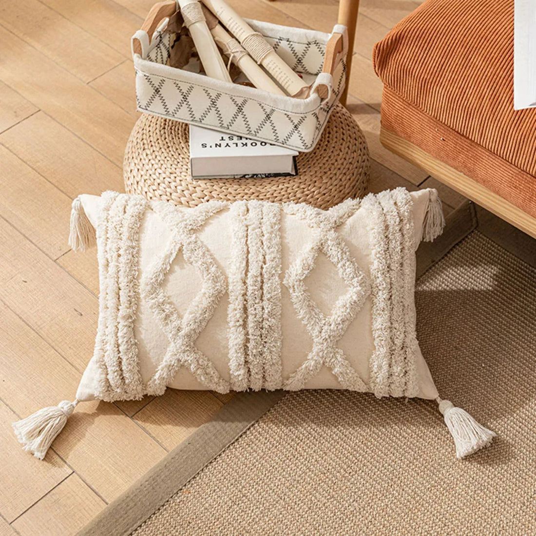 Handmade Beige & White Tassel Decorative Cushion Cover – Boho-Inspired Sofa Pillow Case (45x45cm / 30x50cm)