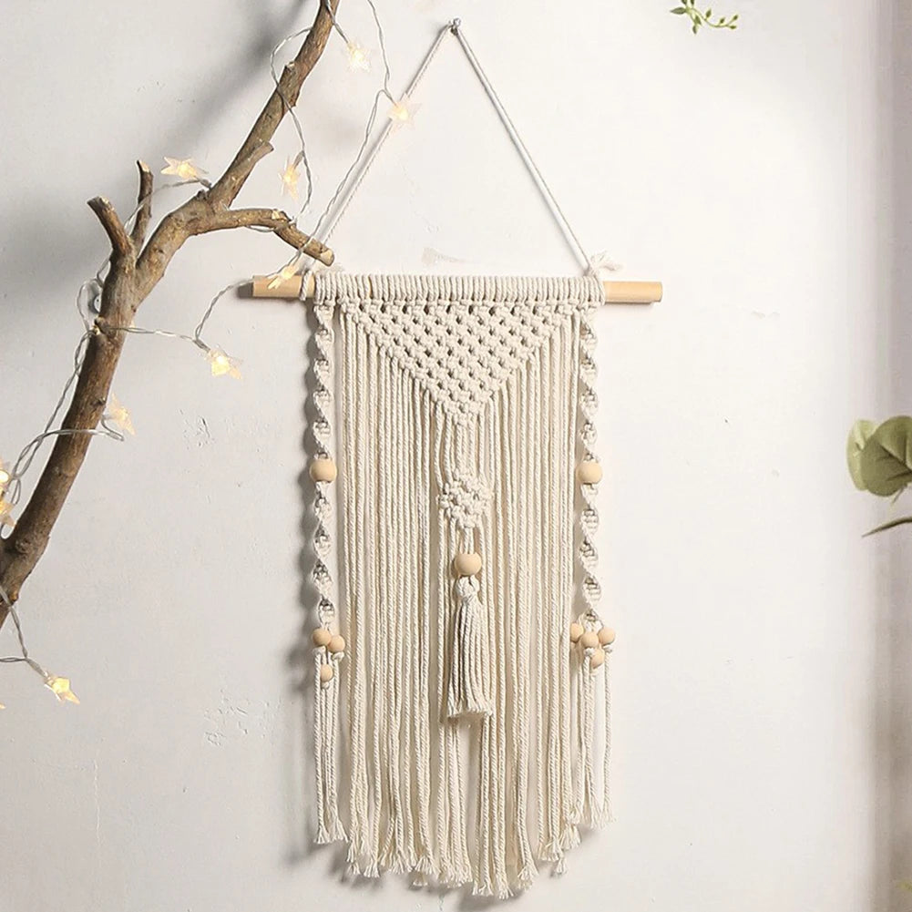 Macrame Woven Tapestry – Bohemian Round Tassel Fringe Wall Hanging for Bedroom and Baby Nursery