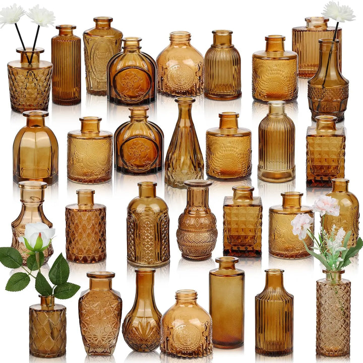 30-Piece Bulk Amber Glass Bud Vase Set – Vintage Mini Flower Vases for Weddings and Home Décor