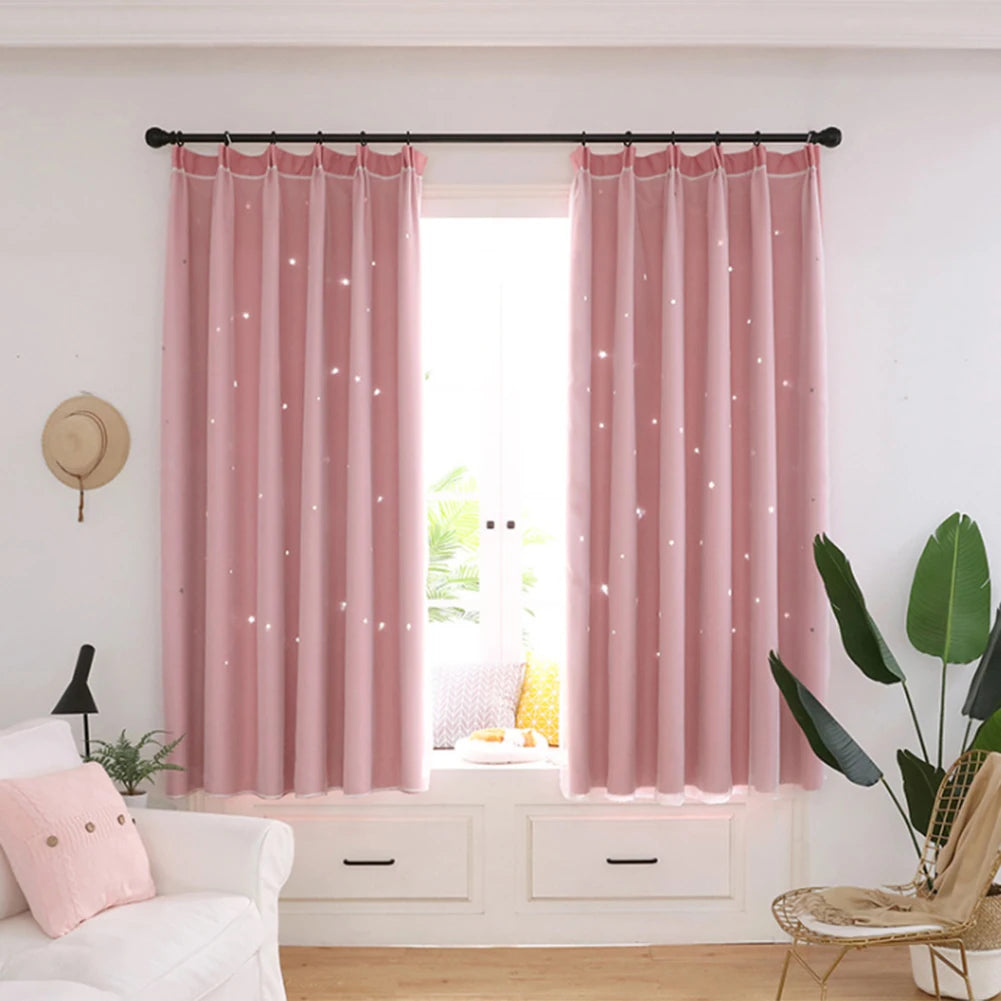 Bright Double Layer Blackout Star Hollow Curtains with Lace Tulle – Elegant Window Decor for Living Room & Bedroom