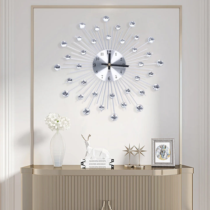 Silver Color Wall Clock – Modern Big Crystal Non-Ticking Quiet Wall Clock for Living Room, Kitchen, and Office Décor