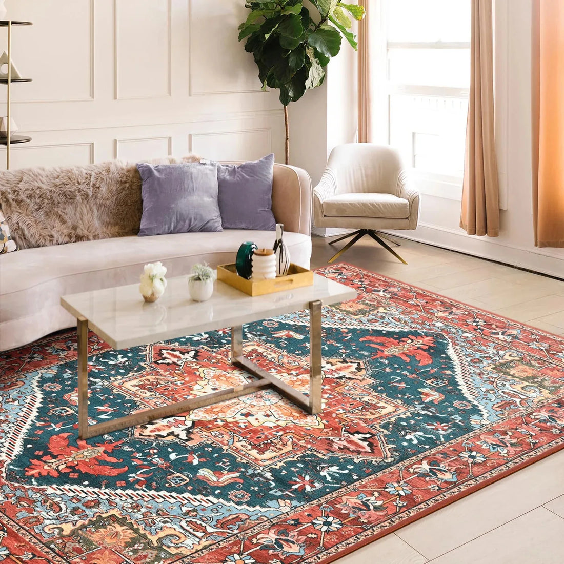 Faux Cashmere Vintage Floral Area Rug – Soft Low Pile Rug for Living Room, Bedroom, and Home Décor