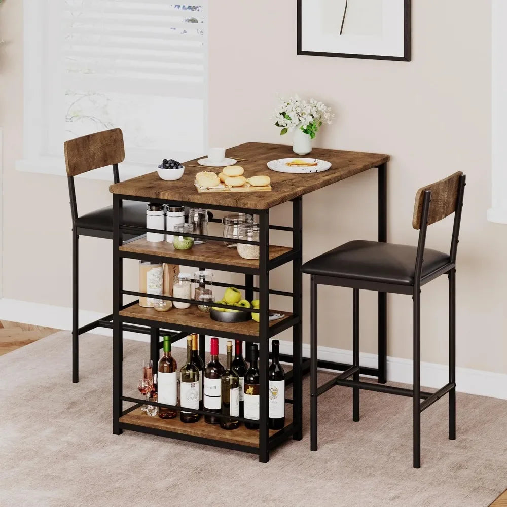 Dining Table Set for 2 – Counter Height Table with Upholstered Chairs and Storage Shelves