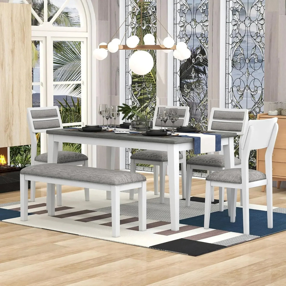 6-Piece Wood Dining Table Set – Retro Rectangular Table with 4 Upholstered Chairs & Bench