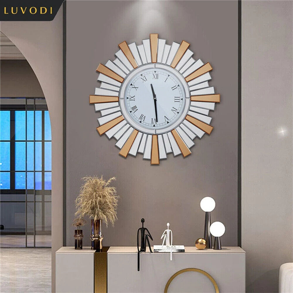 LUVODI Round Art Sunburst Wall Clock – Retro Mirror Roman Numeral Clock for Stylish Home Decor