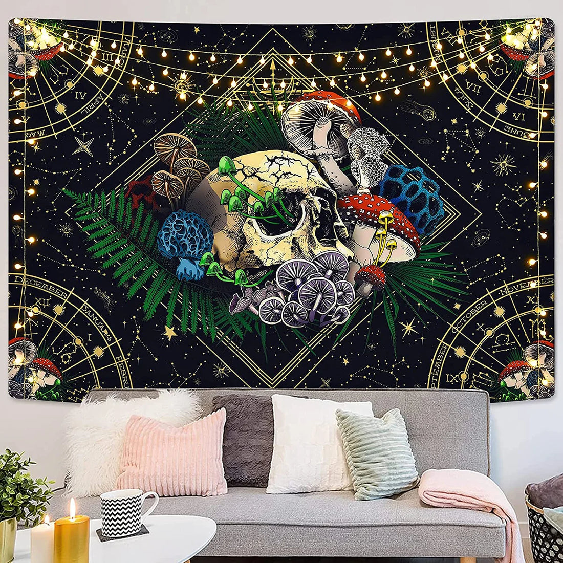 Large Skull Tapestry with Colorful Mushroom Design – Starry Aesthetic Wall Hanging