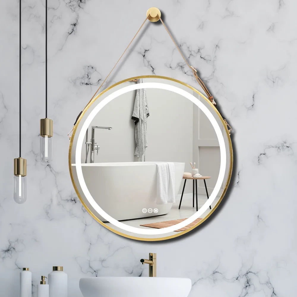 LUVODI Round Dimmable LED Bathroom Mirror – 32” Black & Gold Frame, Fogless, Illuminated Vanity Mirror with Detachable Rope