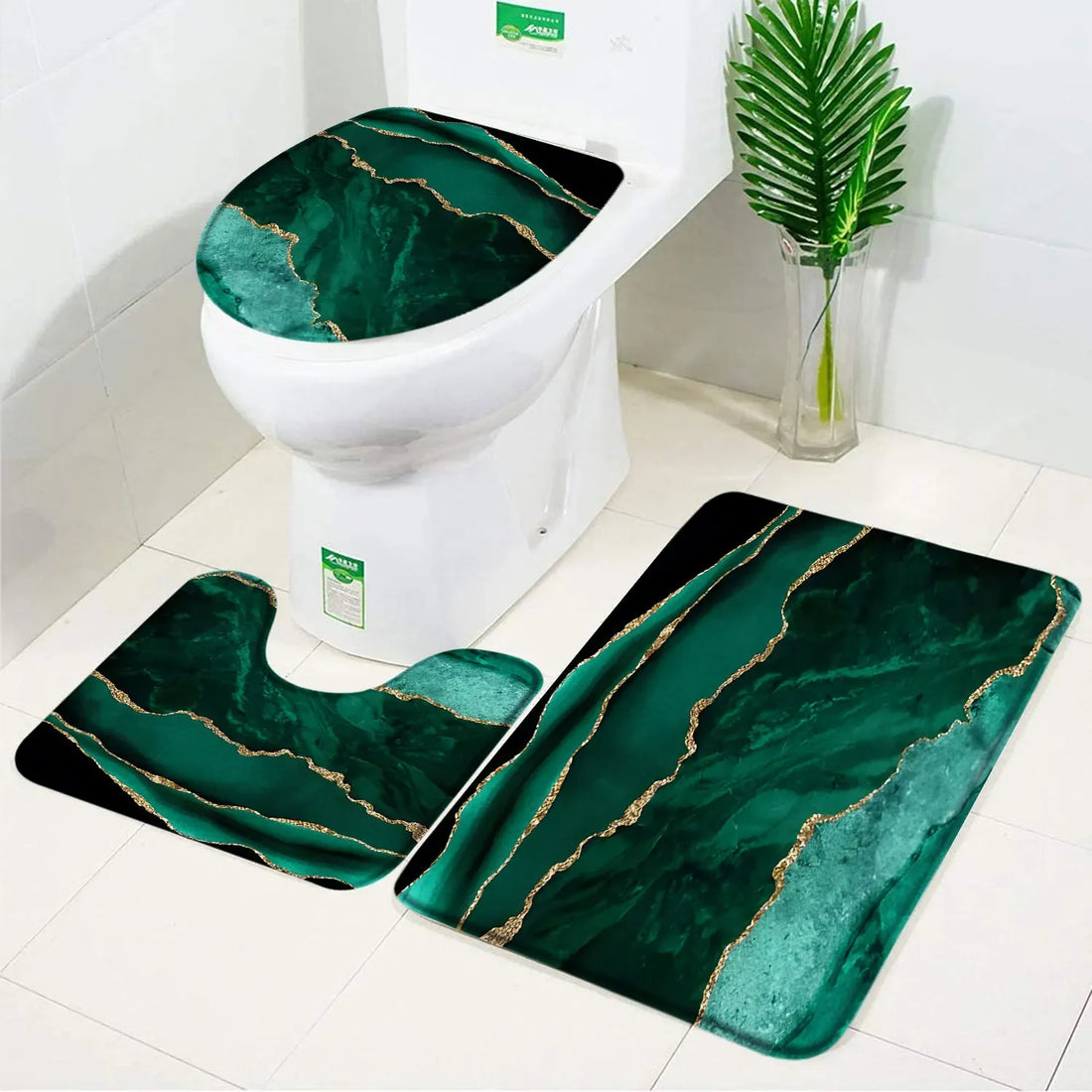 3pcs Set Black Marble Bath Mat – Non-Slip Absorbent Bathroom Rugs with Toilet Lid Cover