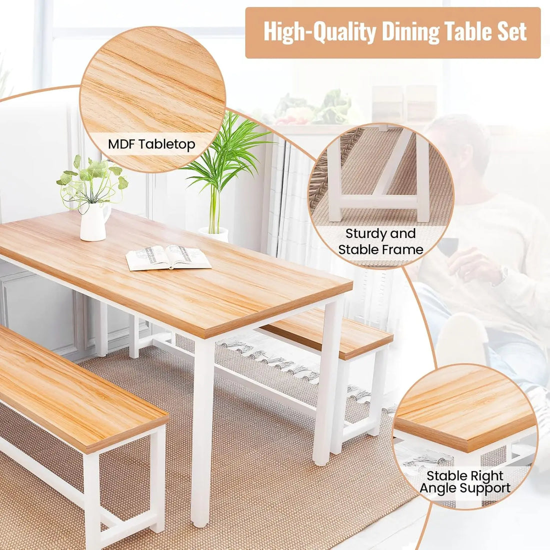 3-Piece Dining Table Set with Benches – Modern Farmhouse Kitchen & Dining Room Set