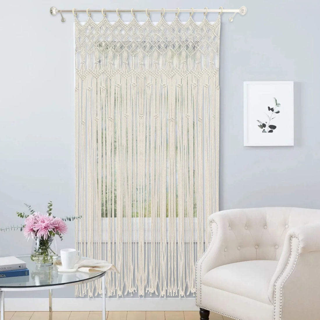 White Macrame Wall Hanging Curtain – Boho Style Handmade Tapestry for Home Decor and Weddings