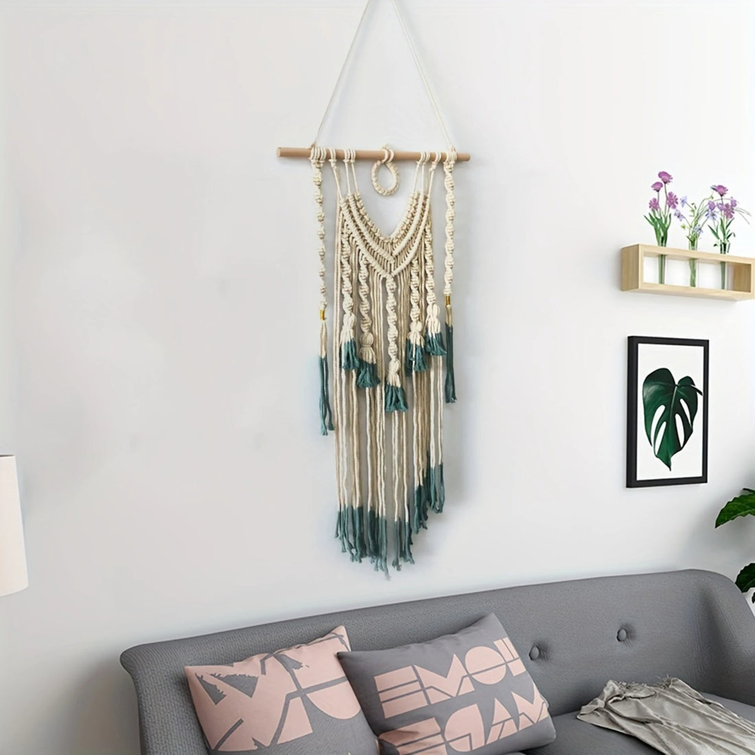 Bohemian Tapestry – Green and Beige Woven Macrame Wall Hanging with Tassel for Bedroom and Living Room Decor