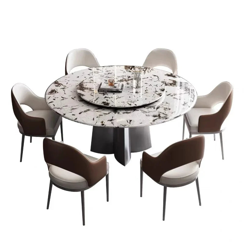 Modern Luxury Marble Round Dining Table Set with Rotating Center – 6, 8, or 10-Seater with Leather Chairs