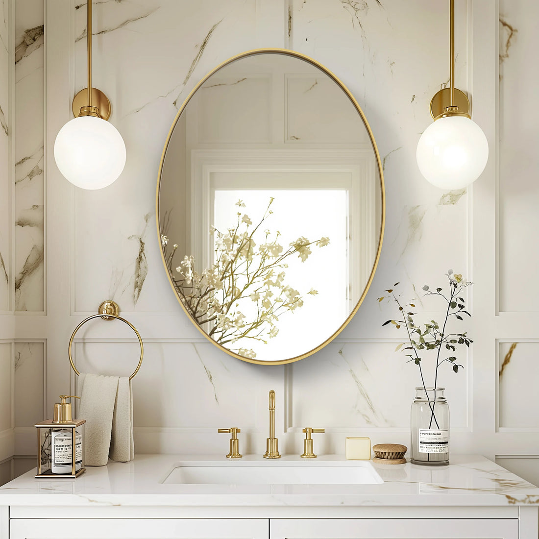 Elegant Oval Gold Bathroom Mirror – 21.65” x 29.92” Metal Frame Wall-Mounted Vanity Mirror