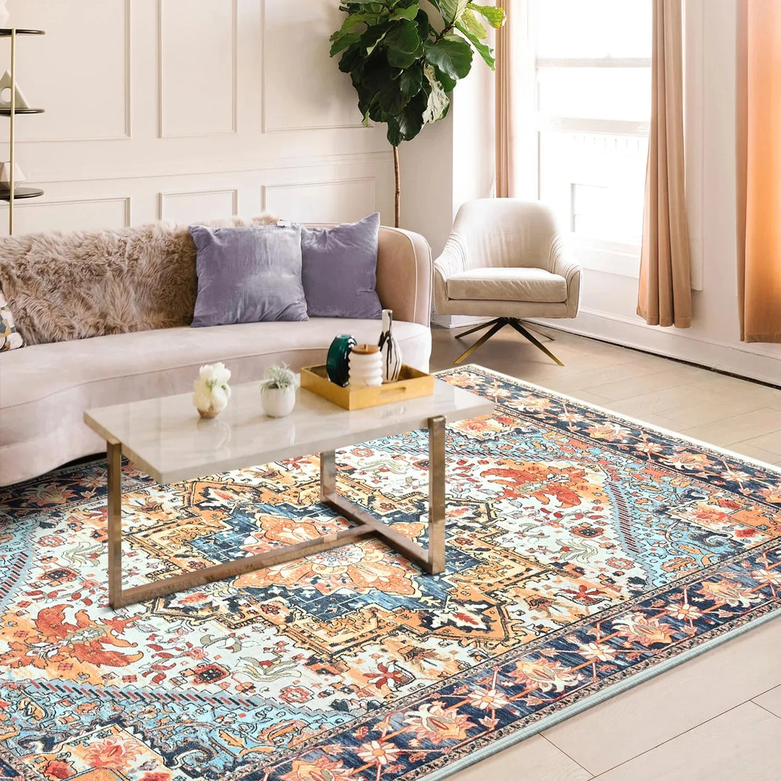 Faux Cashmere Vintage Floral Area Rug – Soft Low Pile Rug for Living Room, Bedroom, and Home Décor