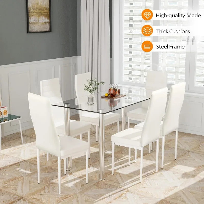 7-Piece Glass Dining Table Set – Modern Rectangular Table with 6 Chairs