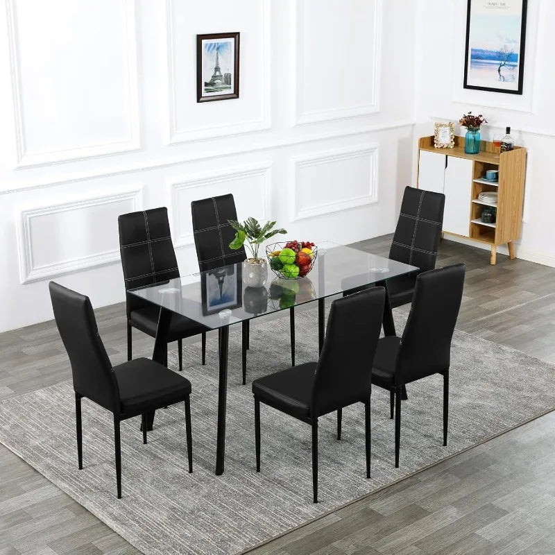 7-Piece Glass Dining Table Set – Modern Rectangular Table with 6 Chairs