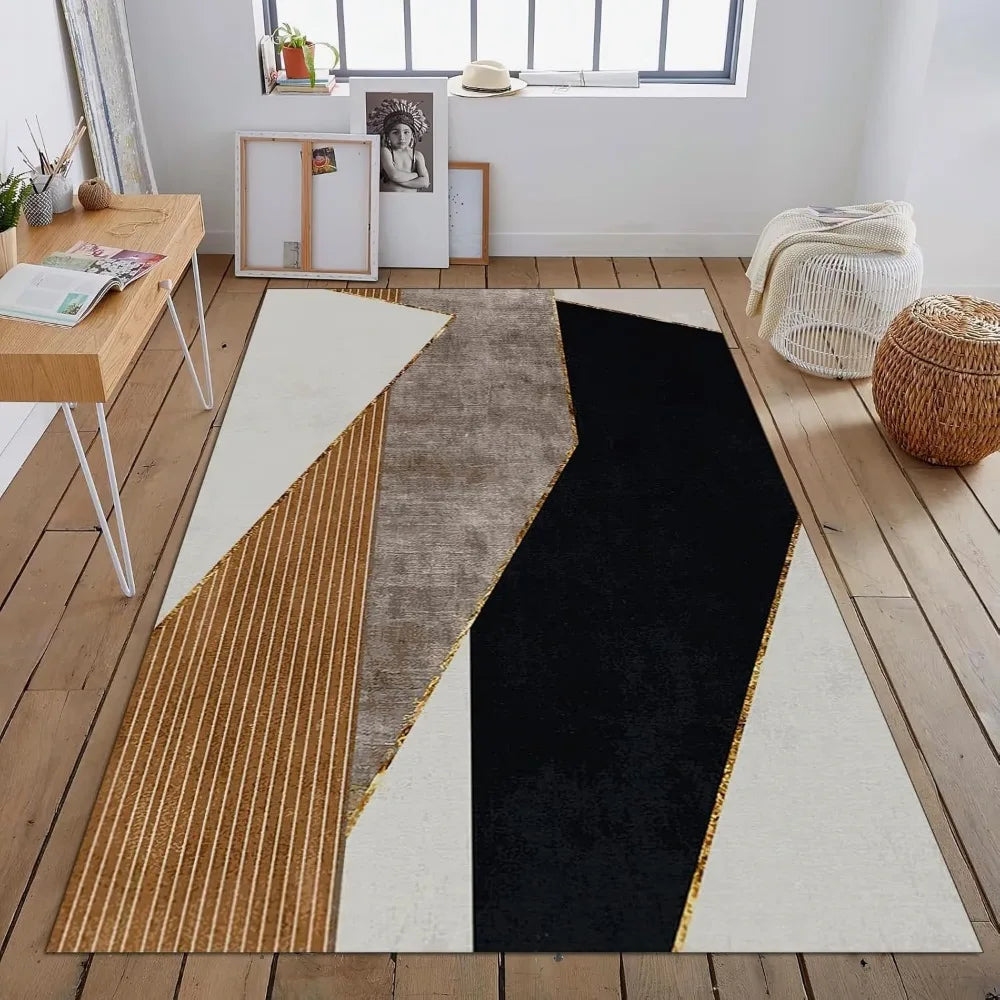 Simple Geometric Color Block Area Rug, Black White Brown Geometric Non Slip Accent Rug, Machine Washable Durable Carpet for Indo