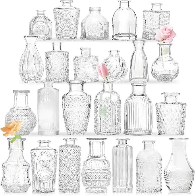 Bulk Pack of 24 Bud Vases – Vintage Clear Crystal Glass Mini Vases for Flowers