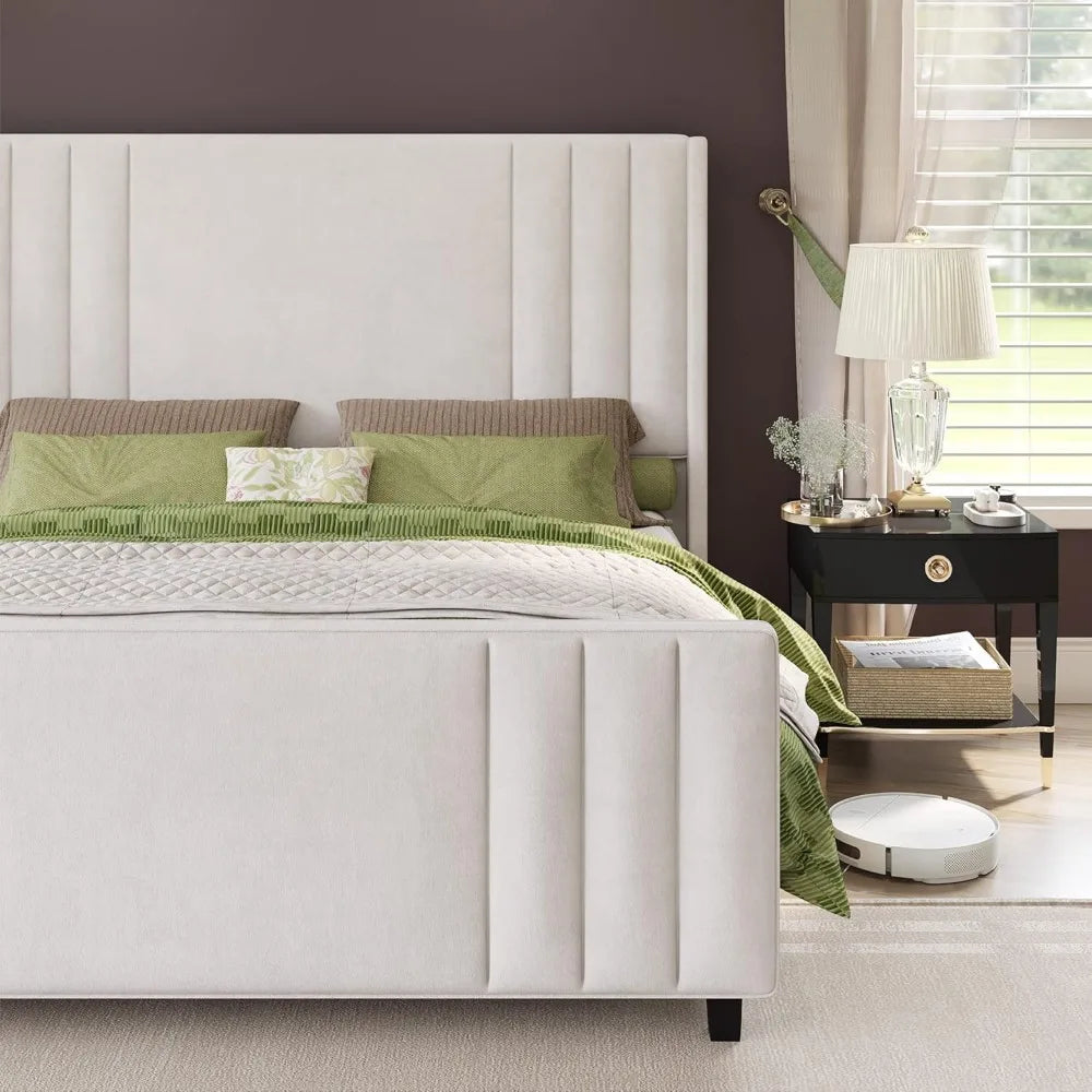 Queen Velvet Upholstered Platform Bed with Tufted Wingback Headboard & Storage