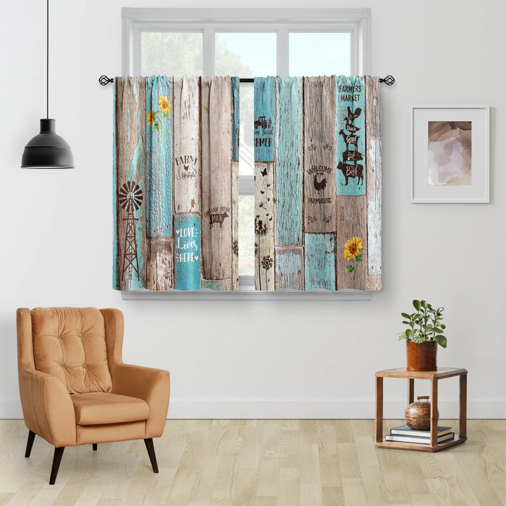 Teal Wooden Kitchen Curtains – Rustic Floral Tier Curtains for Farmhouse and Vintage Decor