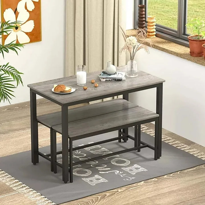 2025 Grey Dining Table Set for 4 – 3-Piece Kitchen Table with 2 Benches