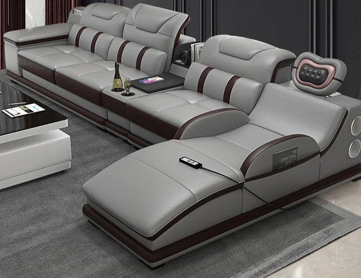 MINGDIBAO Italian Genuine Leather Sectional Sofa - Bluetooth, Massage Chaise & Functional Headrests