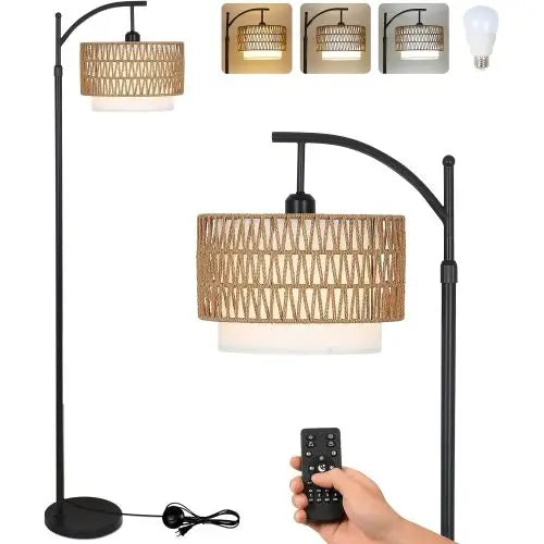 Luugaa Living Room Arc Floor Lamp – Bohemian Rattan Lamp with Remote Control and Bulb (3 Colors)