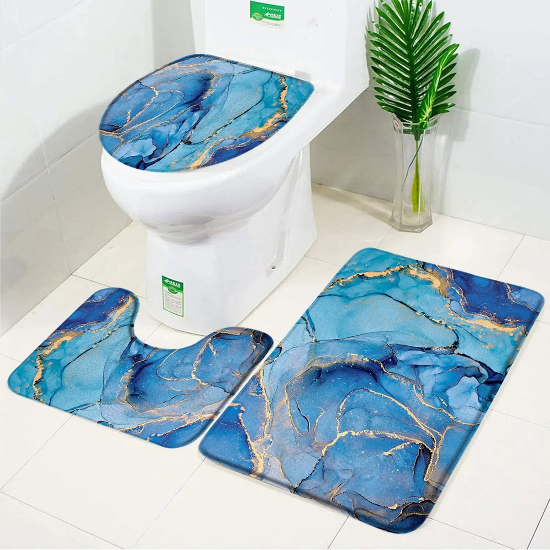 3pcs Set Black Marble Bath Mat – Non-Slip Absorbent Bathroom Rugs with Toilet Lid Cover